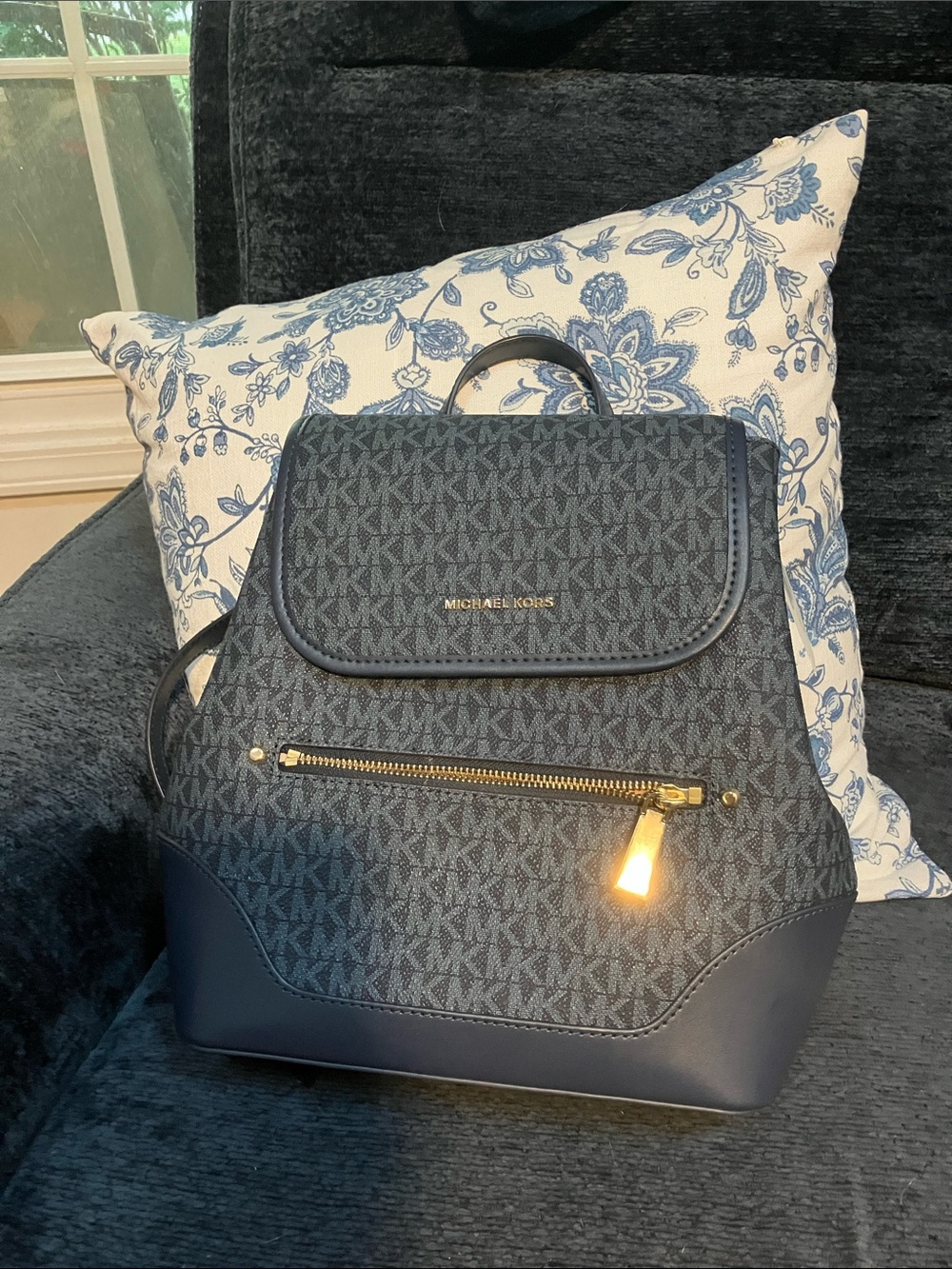 Michael Kors Navy and Gold MK Logo Backpack